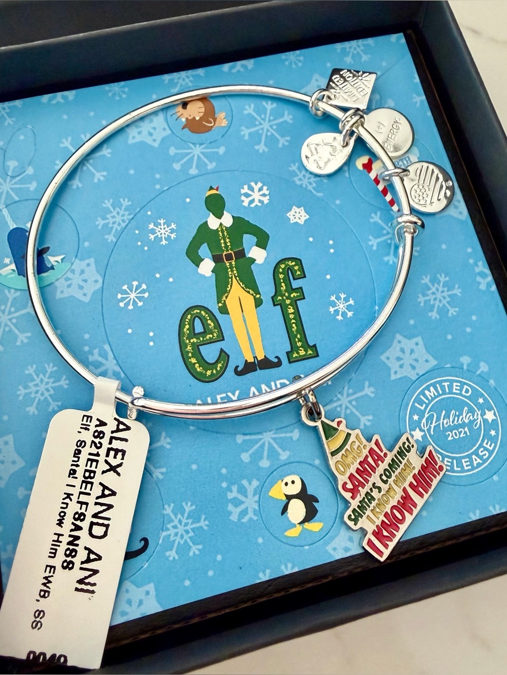 NWT Alex and Ani Buddy ELF ‘OMG! Santa!  Santa’s Coming! I Know Him!’ Bracelet
